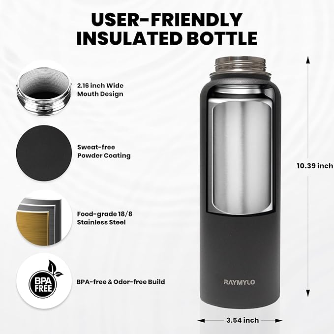 Insulated Water Bottle 40 oz, Triple Wall Vacuum Stainless Steel (Cold for 48 Hrs), Leak Proof & Non-BPA, Modern Water Flask Jug with Paracord Handle & Straw Spout Lids, Magic Black-FlexoryFit