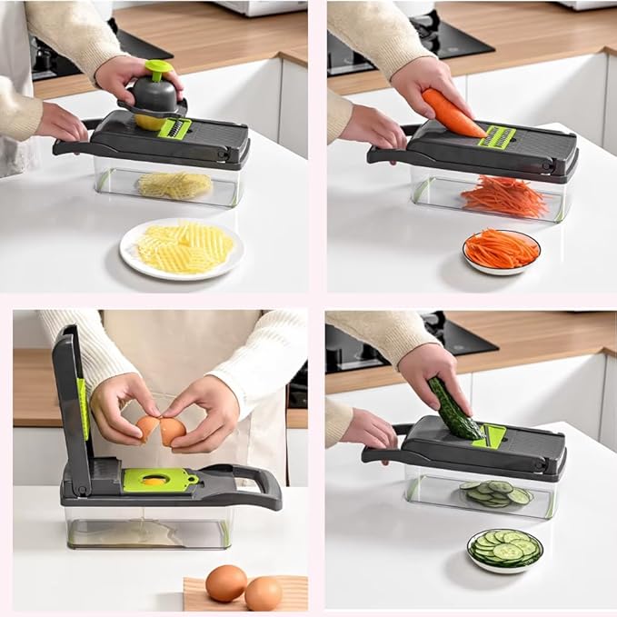 16-in-1 Ultimate Vegetable Chopper & Mandoline Slicer – Multi-Blade Food Dicer, Spiralizer, Grater & Cutter with Container – Kitchen Gadget for Fruits, Veggies, Cheese – Black & Green-FlexoryFit