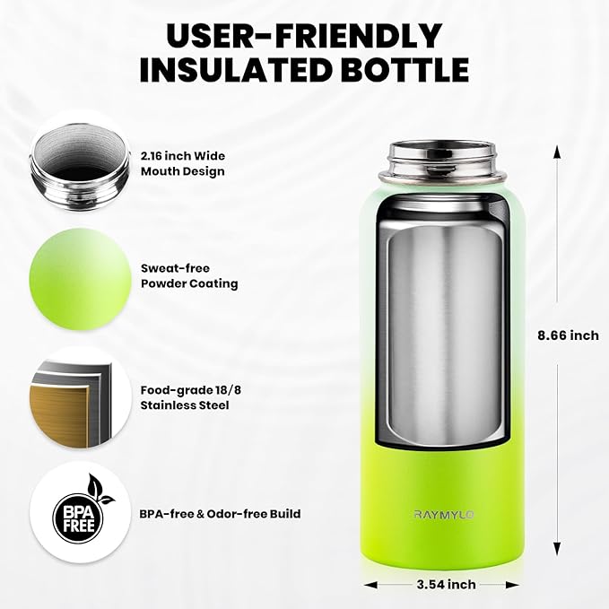 Insulated Water Bottle 32 oz, Triple Wall Vacuum Stainless Steel (Cold for 48 Hrs), Leak Proof & Non-BPA, Modern Water Flask Jug with Paracord Handle & Straw Spout Lids, Ombre Green-FlexoryFit