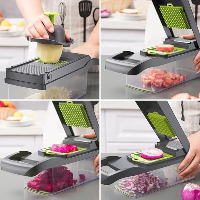 16-in-1 Ultimate Vegetable Chopper & Mandoline Slicer – Multi-Blade Food Dicer, Spiralizer, Grater & Cutter with Container – Kitchen Gadget for Fruits, Veggies, Cheese – Black & Green-FlexoryFit