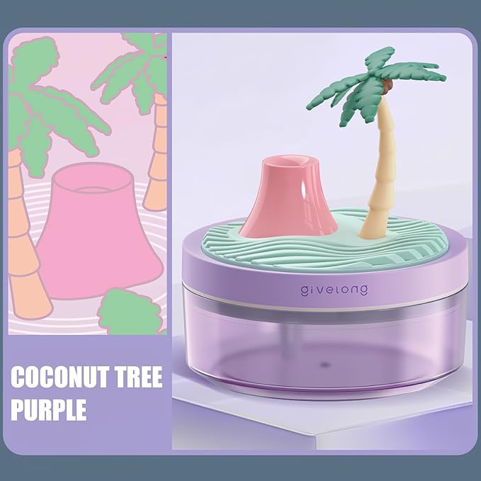 Mini Portable Desktop Humidifiers for Bedroom,Small Humidifier with Cocount Tree,Quiet,Cool Mist, Auto Off,7 Colors Night Light,320ml Air Humidifier Home Office Travel (PURPLE)