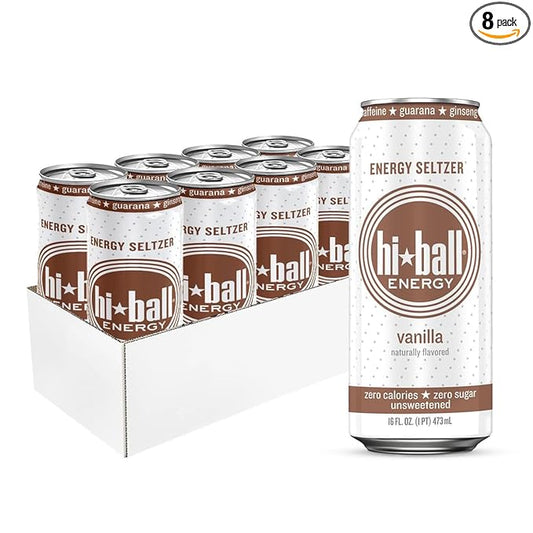 Hiball Energy Vanilla Seltzer Drink, Zero Sugar and Calorie, 16 Fl Oz Cans, 8 Count-FlexoryFit
