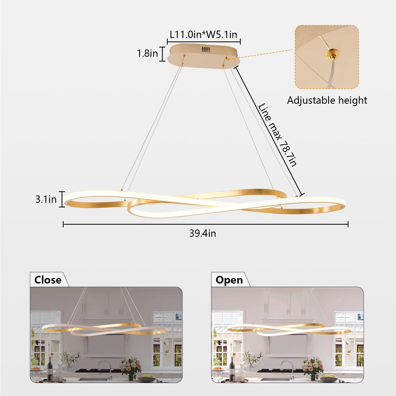Gold Led Chandelier for Kitchen Island Lighting,Dimmable Modern Chandelier for Dining Room, L39.4" Modern Led Pendant Light Fixture Height Adjustable Brushed Gold Dining Room Light Fixture Over Table