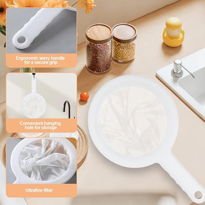 Ultra-Fine Nylon Mesh Strainer- Mini Kitchen Colander for Coffee, Milk, Yogurt, Juice - Non-Slip Handle & Hanging Hole (120/200 Mesh)