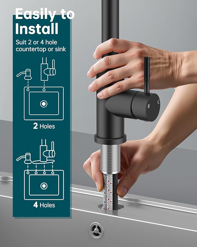 Black Kitchen Faucet with Soap Dispenser & Pull Down Sprayer, Rv Kitchen Sink Faucets for Pot Filler, Farmhouse Camper Bar Sink Laundry, RV Bathroom, Single Hole Single Handle Stainless Steel