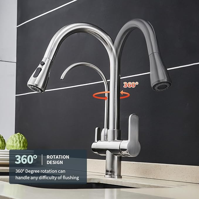 WANFAN Kitchen Sink Faucet with Pull Down Sprayer 2 Handle 3 in 1 Water Filter Purifier Faucets Brushed Nickel 0195SN