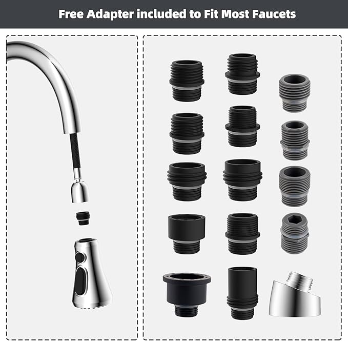 Hibbent Pull Down Spray Head for Kitchen Faucet, 3-Function Kitchen Sink Spray Nozzle with 15 Adapters, Faucet Head Replacement Compatible with Moen, American Standard, Delta, Kohler Faucets, Chrome