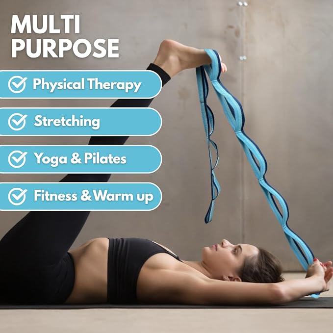 California Yoga Strap | Yoga Belt with Loops | 12 Multi Loop & Non-Elastic | Stretching Strap | Gym Workout & Exercise Bands | Physical Therapy | Improves Sitting Posture for Women & Men-FlexoryFit