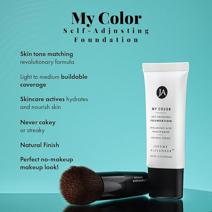 Jerome Alexander My Color Self-Adjusting Foundation, Hydrating & Lightweight Face Makeup, Skincare-Infused, with Kabuki Brush, Dark, 1 oz-FlexoryFit