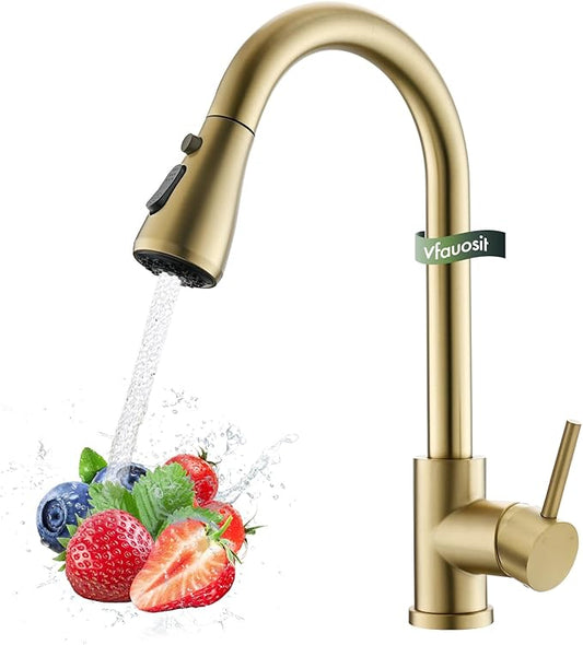 Gold Kitchen Faucet, Brass Kitchen Faucet with Pull Down Sprayer, Single Hole Stainless Steel Brushed Gold Faucet for 3 Hole Kitchen Sink Gooseneck for Commercial Modern Camper RV Farmhouse Bar Sink