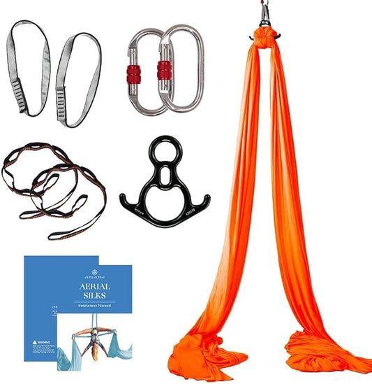 Aerial Silks Starter Kit - Durable 9 Yards of Aerial Yoga Hammock with Hardware & Guide - Aerial Swing for Acrobatic Flying Yoga & All Levels (Aerial Rigging Point Up to 13ft)-FlexoryFit