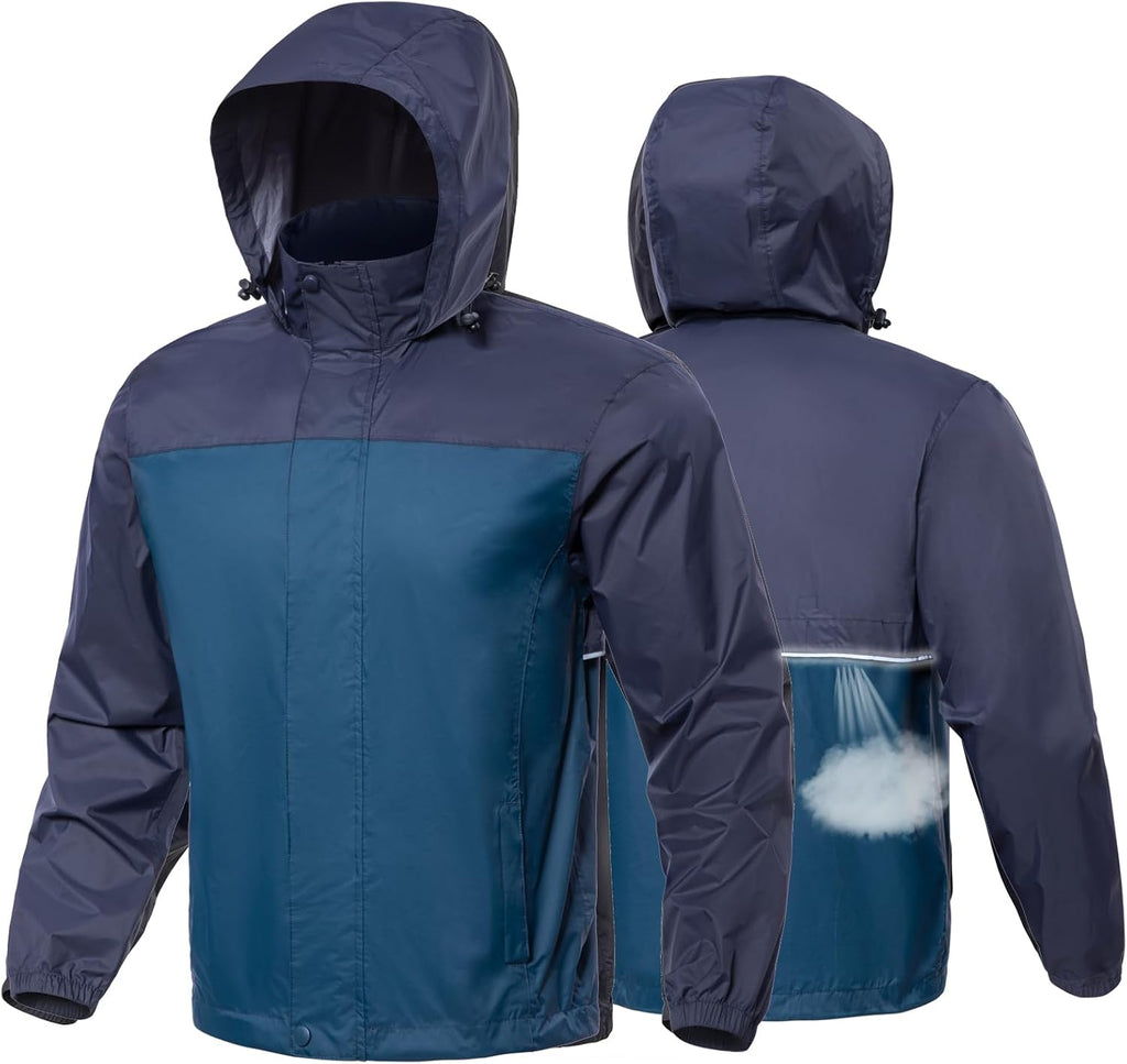 MANSDOUR Men's Packable Rain Jacket Waterproof Lightweight Windbreaker Cycling Golf Hiking Reflective Raincoat with Hood
