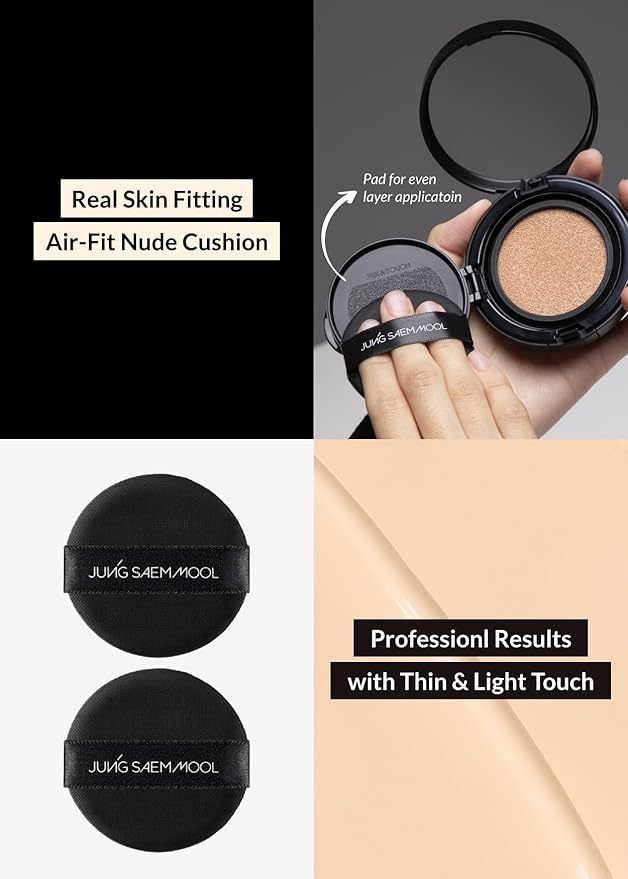 JUNG SAEM MOOL Essential Skin Nuder Longwear Cushion 0.98 Fl Oz (Light), Refill Included, 24H Lasting Cushion Foundation with High Coverage, Semi-Matte Natural Finish, Korean Foundation Makeup-FlexoryFit