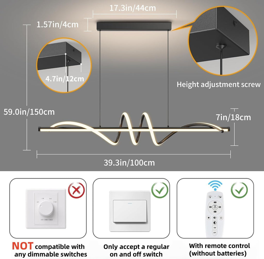 Modern LED Pendant Lights, Ceiling Chandelier Dimmable with Remote Control 3000k-6000K Adjustable Color Temperature, Aluminum Island Lighting Lamp Fixture for Kitchen, Dining Room(39in Black)