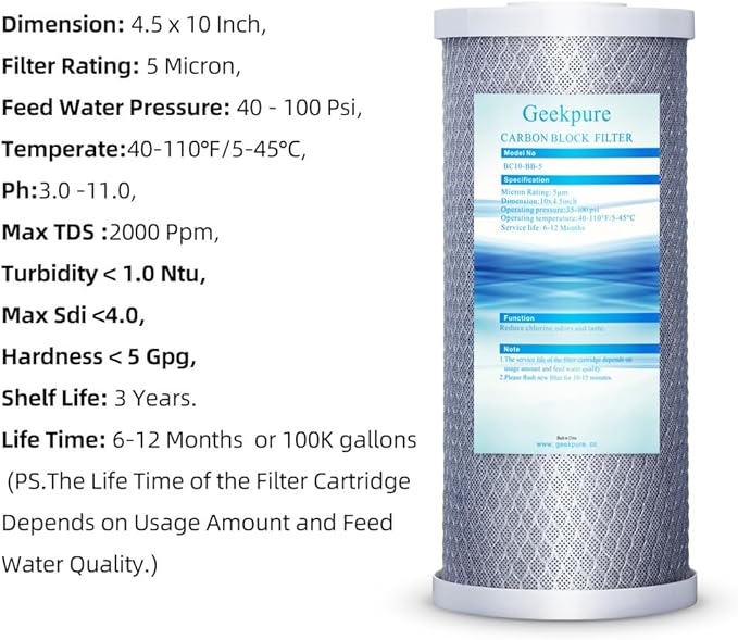Geekpure 10-Inch Carbon Block Replacement Water Filter Cartridge for Whole House System-4.5" x 10"-5 Micron (2)