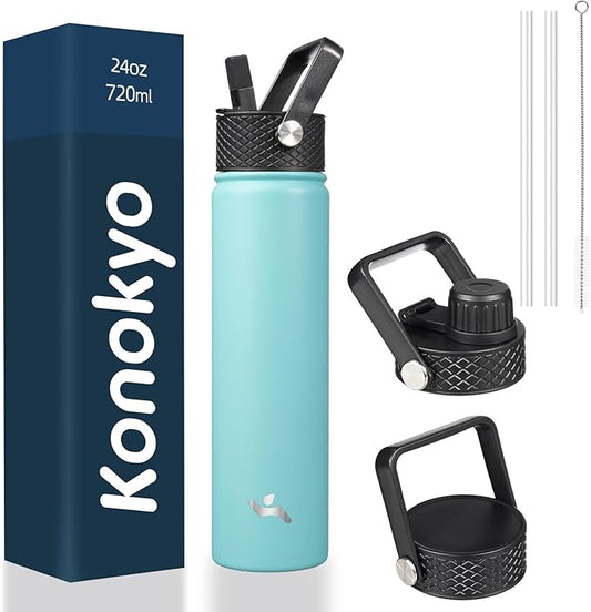 Insulated Water Bottle 24oz Stainless Steel Sport Bottles with 3 Lids,Turquoise-FlexoryFit