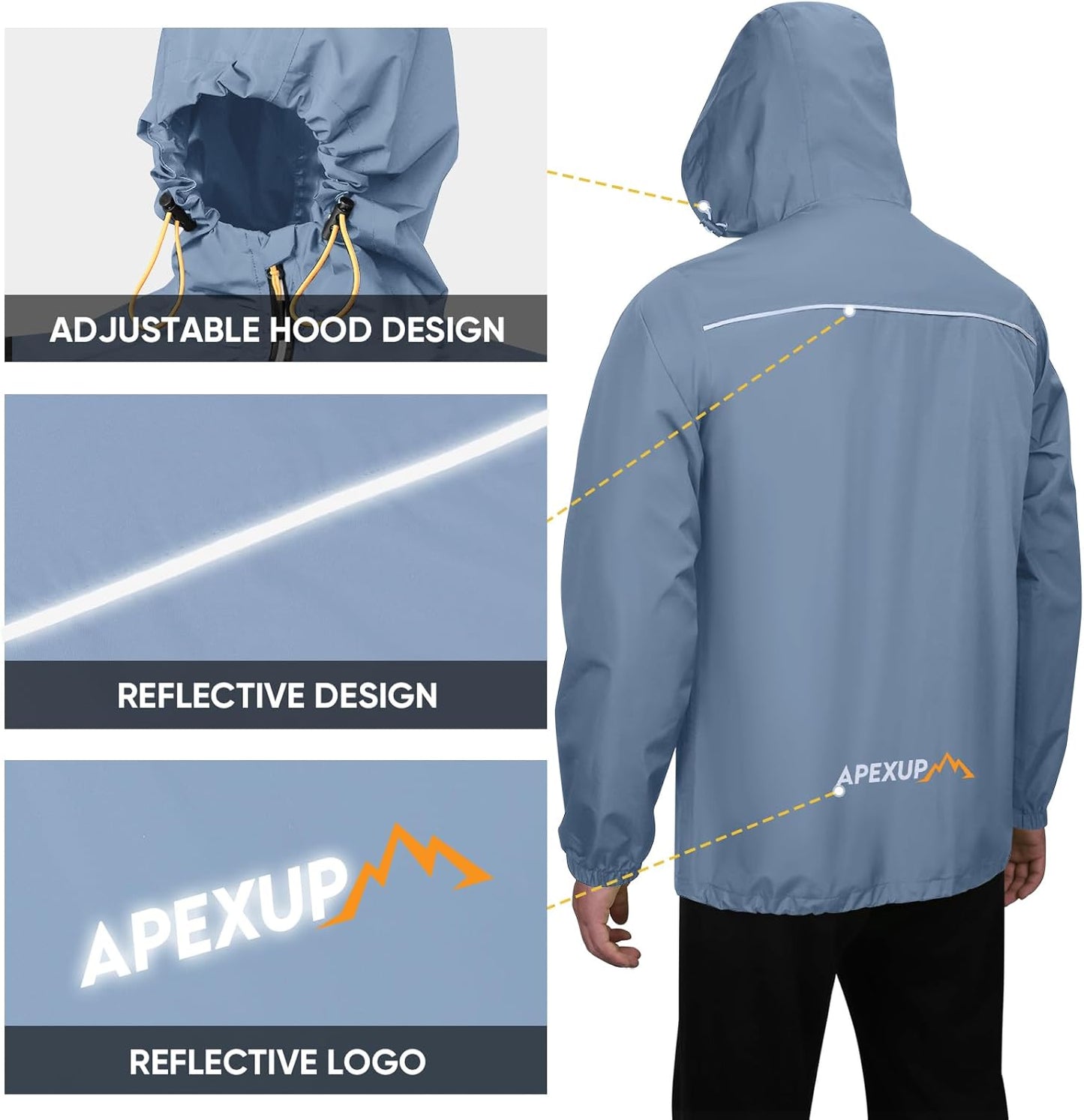 APEXUP Packable Rain Jacket Men with Reflective Zipper, Lightweight Waterproof Raincoat, Mens Rain Jacket for Outdoor Sports