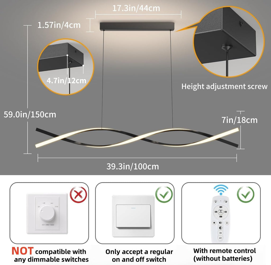 Modern Pendant Lights Fixture, 39in Aluminum LED Chandelier with Remote Control Dimmable 3000k-6000K Color Temperature, Island Lighting Lamp for Kitchen, Dining Room, Billiard Room