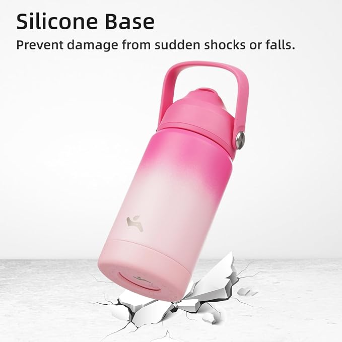 Insulated Water Bottle with Straw Lid,32 oz Stainless Steel Vacuum Metal Bottle with Silicone Handle,Cherry Blossom-FlexoryFit