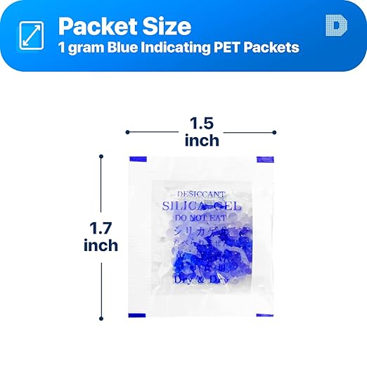 Dry & Dry 1 Gram [200 Packets] Blue Indicating(Blue to Pink) Silica Gel Packets Desiccants Silica Gel Packets - Rechargeable Silica Packets, Silica Gel, Silica Gel Packs
