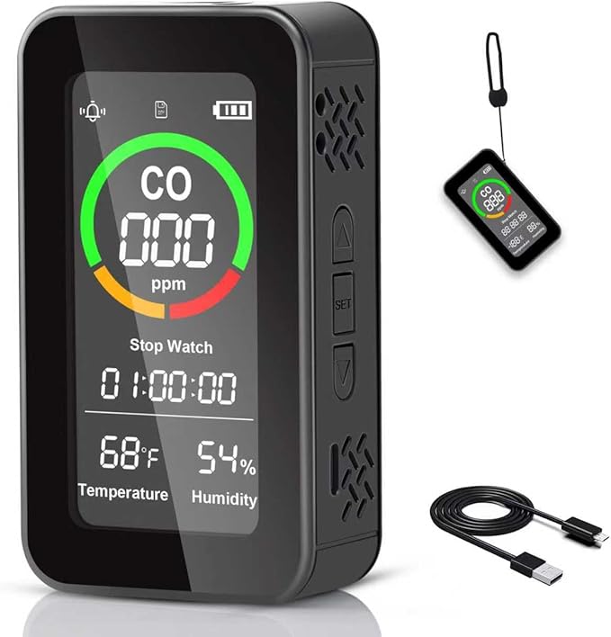 ThermElc CF-9R Portable Carbon Monoxide Detector, 5-in-1 CO Monitor Portable, CO Air Quality Monitor with Audible & Visual Alerts, Flashlight,Stop Watch, Temperature Humidity Sensor for Home, Travel