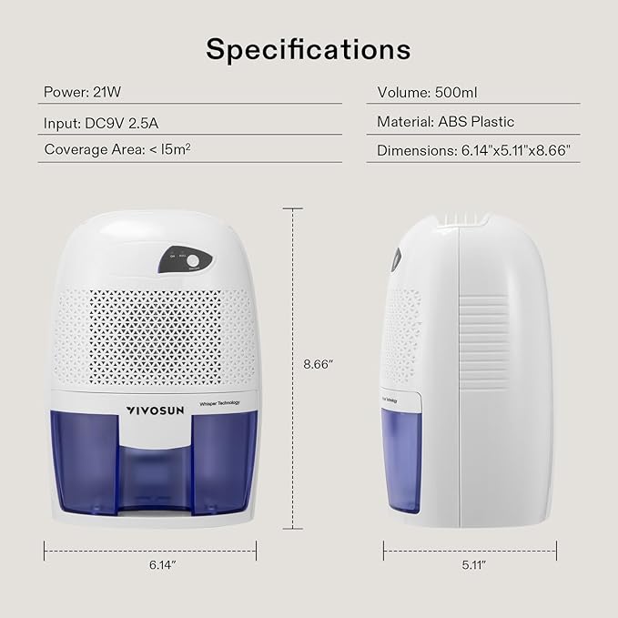 VIVOSUN Electric Mini Dehumidifier, Ultra-Quiet 225 Sq. Ft. Dehumidifier with 500ML Water Tank, Indicator Light and Auto Shut-Off Function for Home, Bedroom, Bathroom, Closet