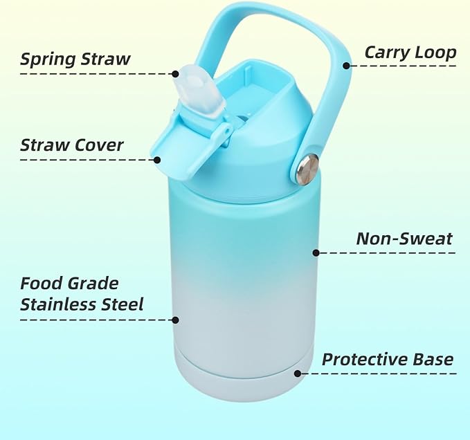 Insulated Water Bottle with Straw Lid,12 oz Stainless Steel Vacuum Metal Bottle with Silicone Handle,Sea Salt-FlexoryFit