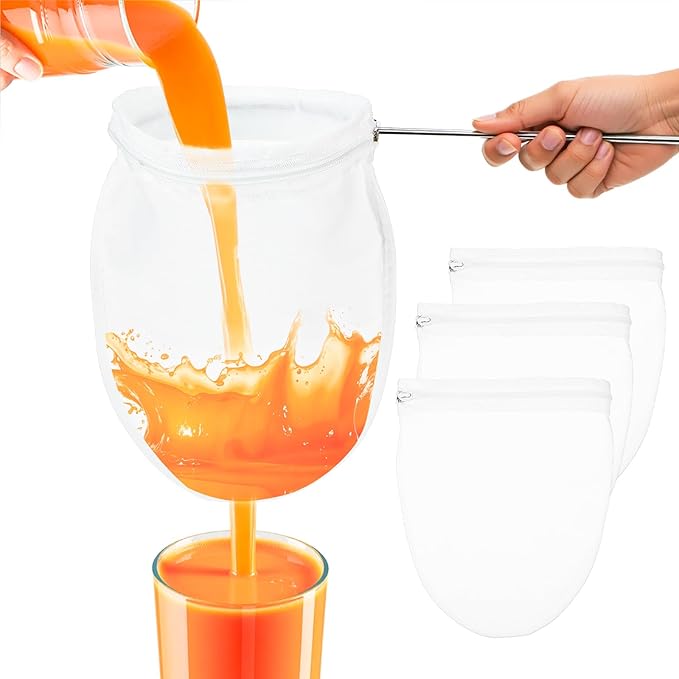 4pcs Ultra Fine Mesh Strainer Bags with Stainless Steel Handle, Nut Milk Bag Strainer, Reusable Cheese Cloth for Straining Juices, Honey, Butter with steel ring
