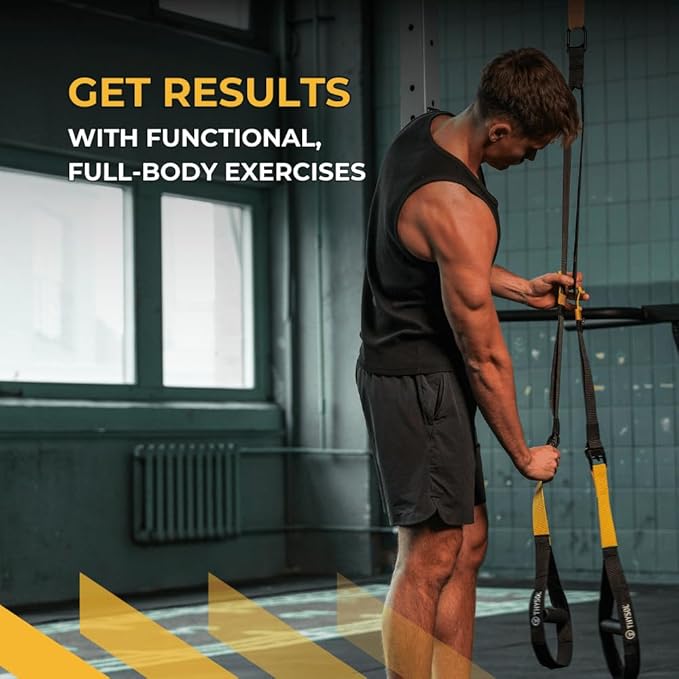 THYSOL® Resistance Trainer Pro Xtreme Straps Army | Sling Trainer Set with Adjustable Door Anchor | Fitness Home Workouts - Suitable for Travelling & for Training Indoor & Outdoor (Yellow)-FlexoryFit