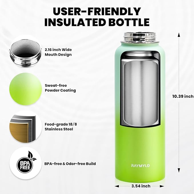 Insulated Water Bottle 40 oz, Triple Wall Vacuum Stainless Steel (Cold for 48 Hrs), Leak Proof & Non-BPA, Modern Water Flask Jug with Paracord Handle & Straw Spout Lids, Ombre Green-FlexoryFit