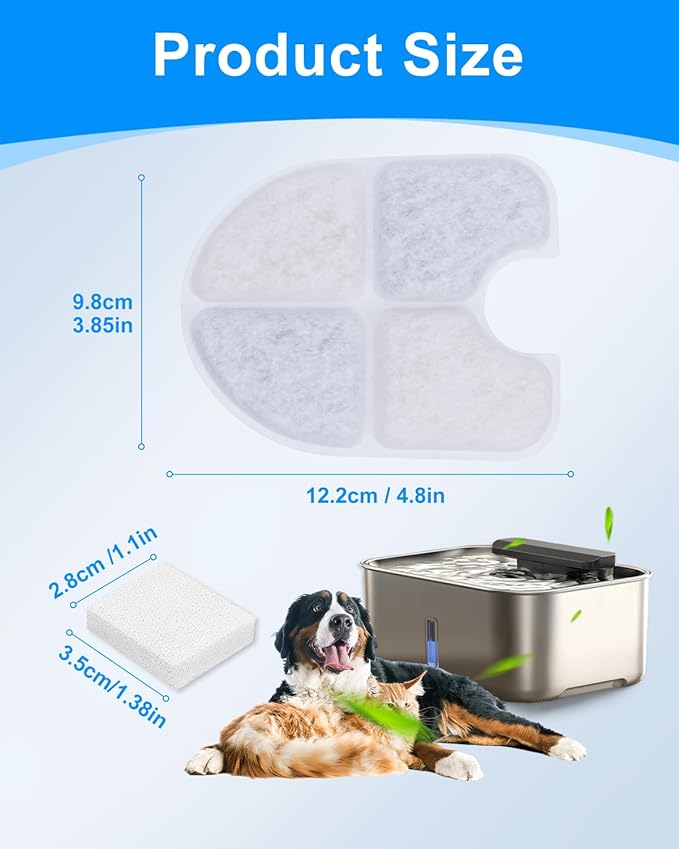8+8 Pack Dog Water Fountain Filters Replacement Compatible with FEELNEEDY 3Gal/12L Dog Water Dispenser, Carbon Filter & Sponge Pump Filter Set for Pet Fountain Bowl