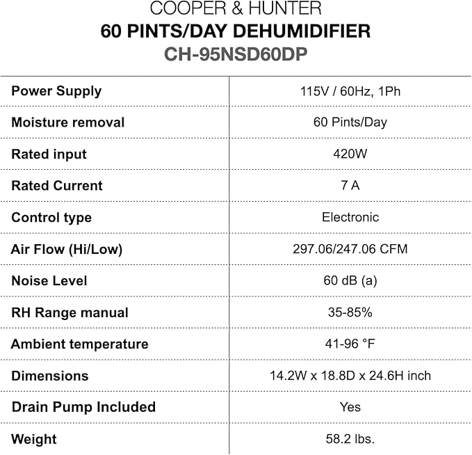 Cooper & Hunter 60 Pint Dehumidifier with Drain Pump up to 5,000 Square Foot Coverage Dehumidifier for Large Room or Basements 10L Water Tank with Drain Hose