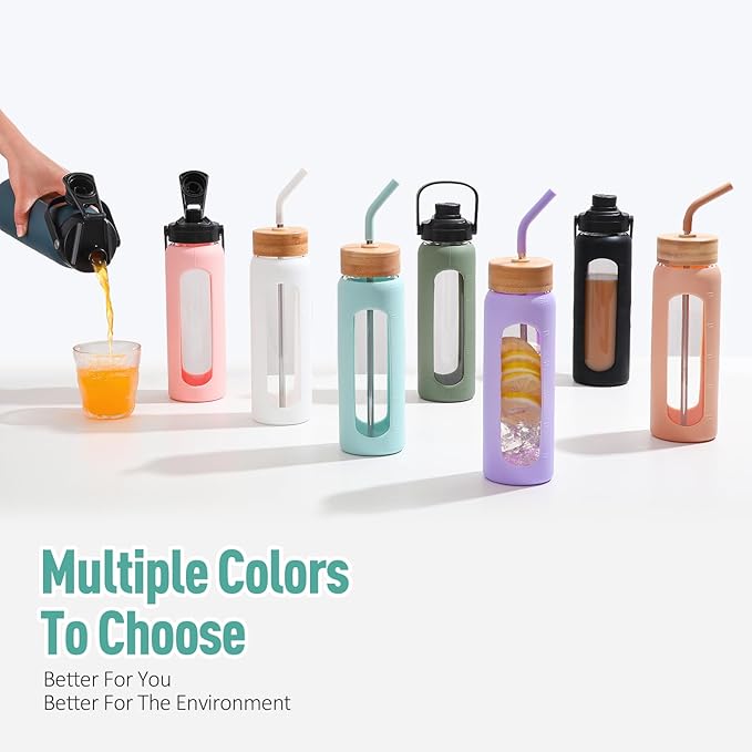 Kodrine Water Bottle with Straw, 24 oz Glass water Bottle with 2 Lids Bamboo Straw Lid and Spout Lid with Handle, 32 oz Clear Water Bottle Glass for Sports Travel, Waterbottle with Time Marker-FlexoryFit