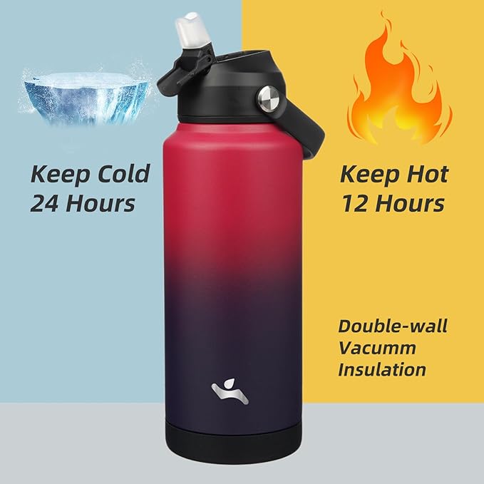 Insulated Water Bottle with Straw Lid,32 oz Stainless Steel Vacuum Metal Bottle with Silicone Handle,Rosy Red-FlexoryFit