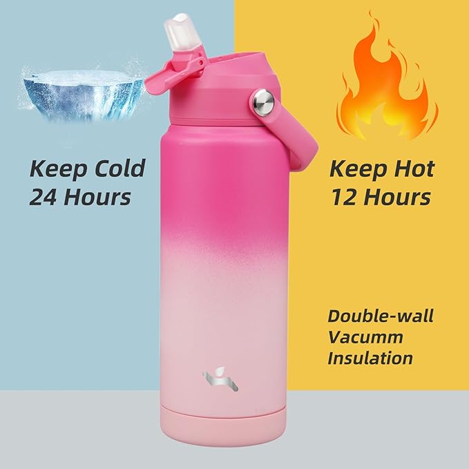 Insulated Water Bottle with Straw Lid,24 oz Stainless Steel Vacuum Metal Bottle with Silicone Handle,Cherry Blossom-FlexoryFit