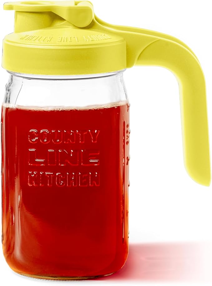 County Line Kitchen Glass Mason Jar Pitcher with Lid - Wide Mouth, 1 Quart (32 oz) - Heavy Duty, Leak Proof - Sun & Iced Tea Pitcher, Cold Brew Coffee, Breast Milk Storage, Water - Yellow