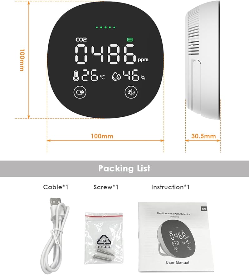 CO2 Monitor, 3 in 1 CO2 Detector Temperature and Humidity Air Quality Monitor Carbon Dioxide Detector for Travel Portable CO2 Tester Indoor Air Quality Monitor for Home School Office