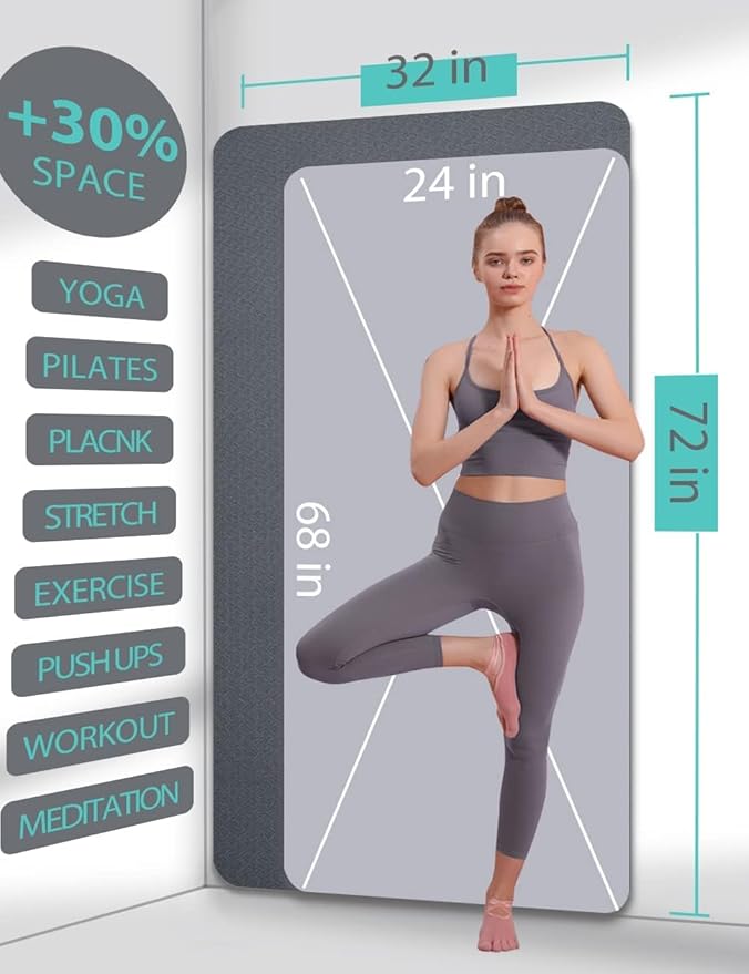 Yoga Mat Double-Sided Non Slip, 72'' x 32'' x 7mm - Extra Wide & Thick Yoga Mat for Women Men Kids, Professional TPE Yoga Mats for Home Workout, Yoga, Pilates and Floor Exercise, with Carrier Strap-FlexoryFit