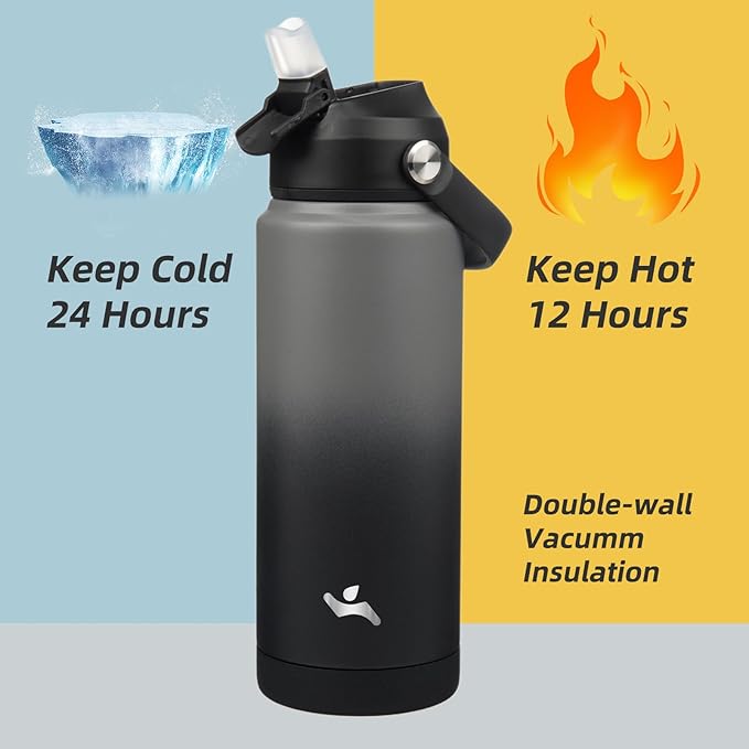 Insulated Water Bottle with Straw Lid,24 oz Stainless Steel Vacuum Metal Bottle with Silicone Handle,Gray Black-FlexoryFit
