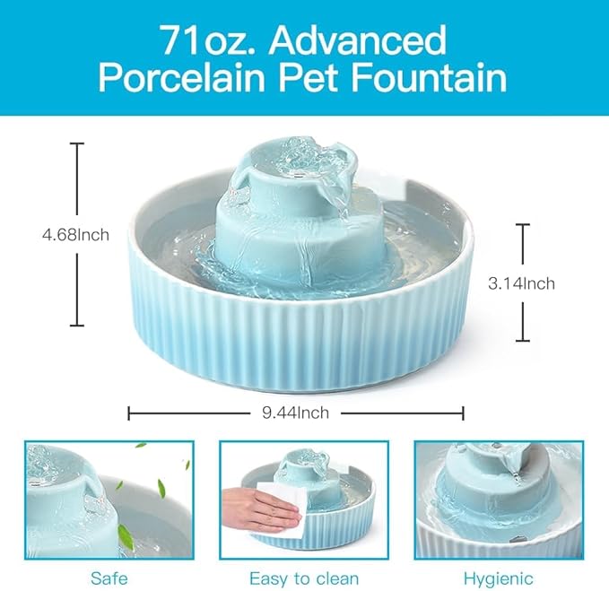 2.1L Ceramic Cat Water Fountain-for Cats and Dogs, 360 Ceramic Pet Fountain-70 Oz Large Water Capacity - Whisper-Quiet Water Flow-Great for Shy or Timid Pets - Fresh, Filtered Water (Blue)