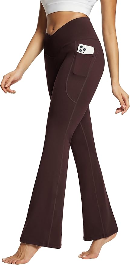 baleaf Women's V Crossover Flare Leggings with Pockets Yoga Pants High Waist Casual Workout Gym Bell Bottom Leggings-FlexoryFit