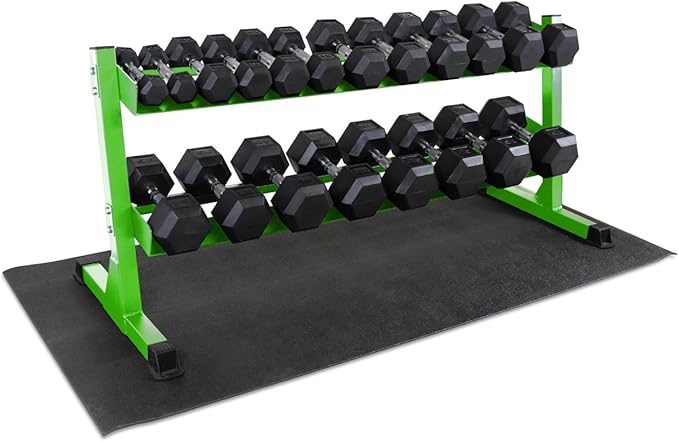 WF Athletic Supply Rubber Coated Hex Dumbbell Set, Multiple Choices Available - Dumbbells with Rack Stand and Mat, or Dumbbells Only (200/550/1200/2100/3000 LB)-FlexoryFit