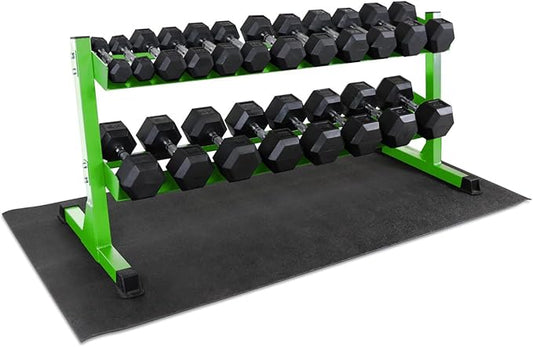 WF Athletic Supply Rubber Coated Hex Dumbbell Set, Multiple Choices Available - Dumbbells with Rack Stand and Mat, or Dumbbells Only (200/550/1200/2100/3000 LB)-FlexoryFit