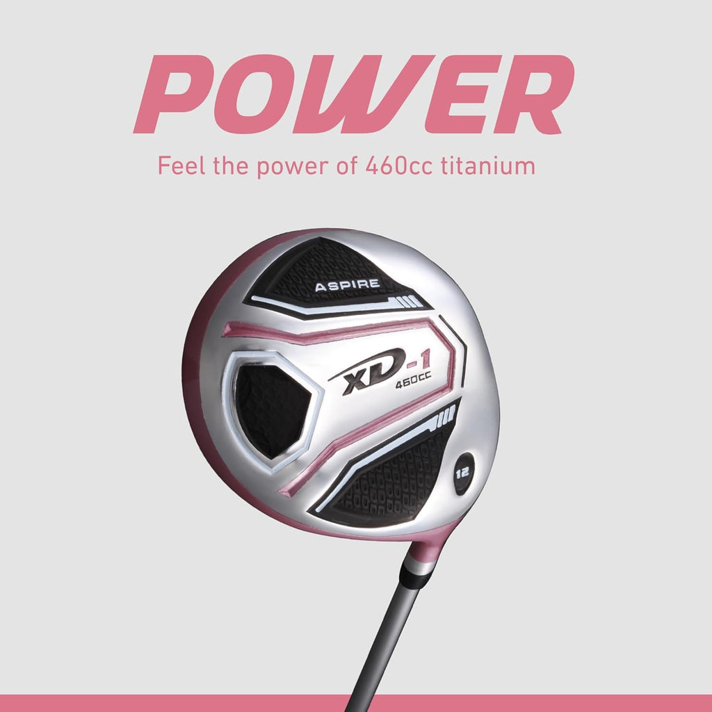Aspire XD1 Womens Golf Clubs Full Set, Includes Driver, Fairway, Hybrid, 6-PW Irons, Putter, Stand Bag, 3 H/C's, Ultra-Light Graphite Shafts, Golf Clubs Women Right Handed, Comes in 3 Sizes, Pink