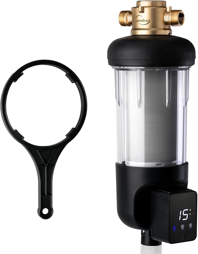 iSpring WSP50ARJ, NSF Certified, Spin-Down Sediment Water Filter, Upgraded Jumbo Size, Large Capacity, Reusable with Touch-Screen Auto Flushing Module, Brass Top Clear Housing, 50 Microns