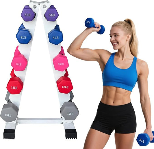 6-10 Pair Iron and Rubber Dumbbell Set 350/450 and 550 lbs 5-50 lbs Hand Free Weight for Strength Hex Coated Weights with Vertical Storage Rack Home Gym 5-50 lb - Black-FlexoryFit
