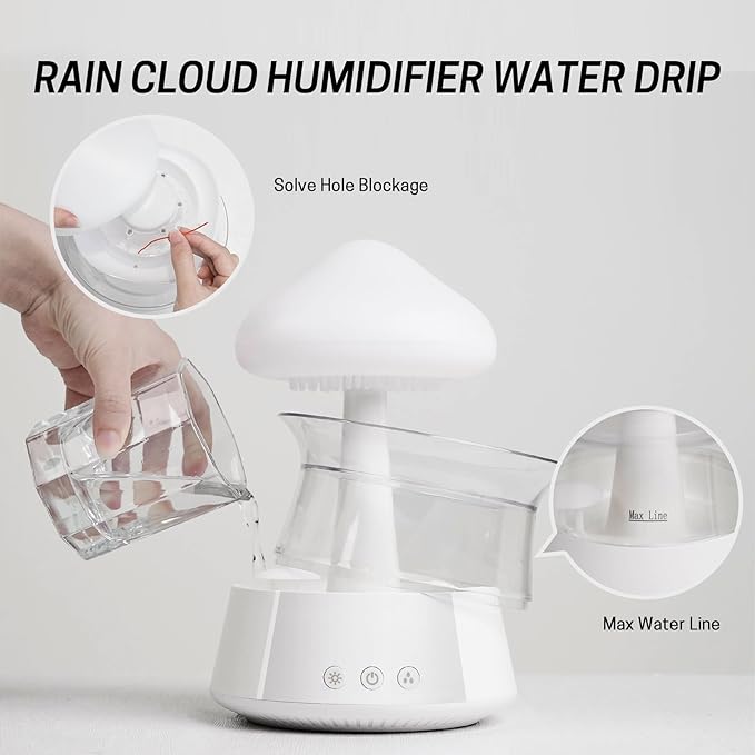Rain Cloud Humidifier Water Drip - Mushroom Aroma Diffuser, Essential Oil Diffusers, 300ml White Noise Aromatherapy Diffusers with 7 Colors Cloud Lights for Home, Large Room, Office - White