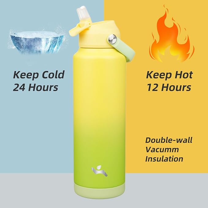Insulated Water Bottle with Straw Lid,40 oz Stainless Steel Vacuum Metal Bottle with Silicone Handle,Lime-FlexoryFit
