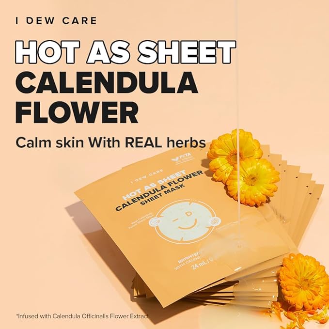 I DEW CARE Real Herb Calendula Sheet Face Mask - Hot As Sheet | Korean Face Masks Skincare, Moisturizing and Calming for Dry Skin with Calendula Flower Extract, 2% Niacinamide, 10EA-FlexoryFit