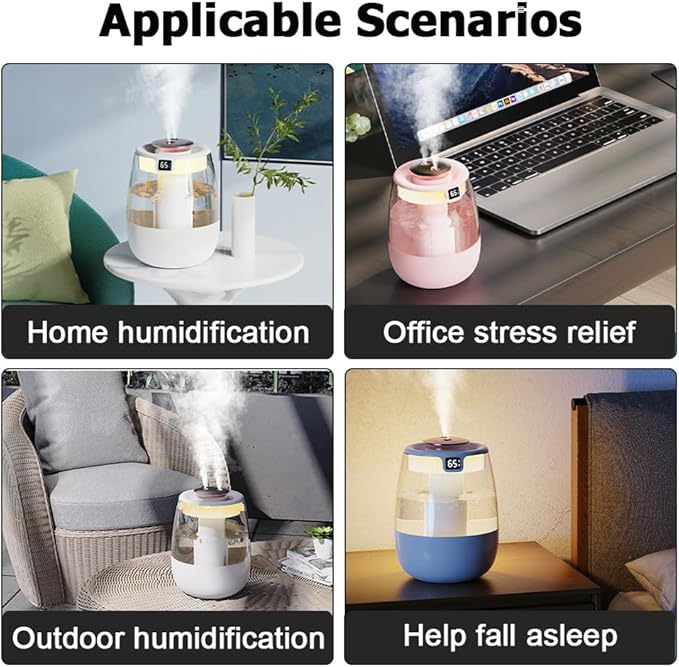 DONGKER Double Spray Humidifier,1L Silent USB Digital Display Humidifier with 2 Mist Modes & Night Light for Car Office Home Room